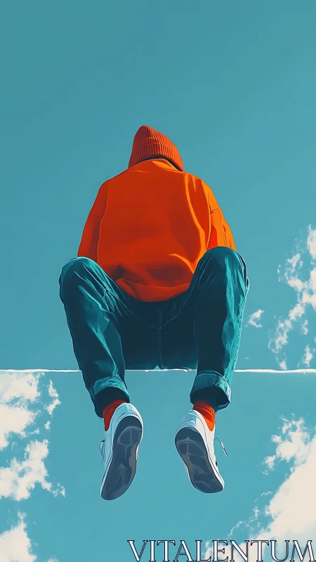 Person in orange hoodie sitting above bright blue sky.