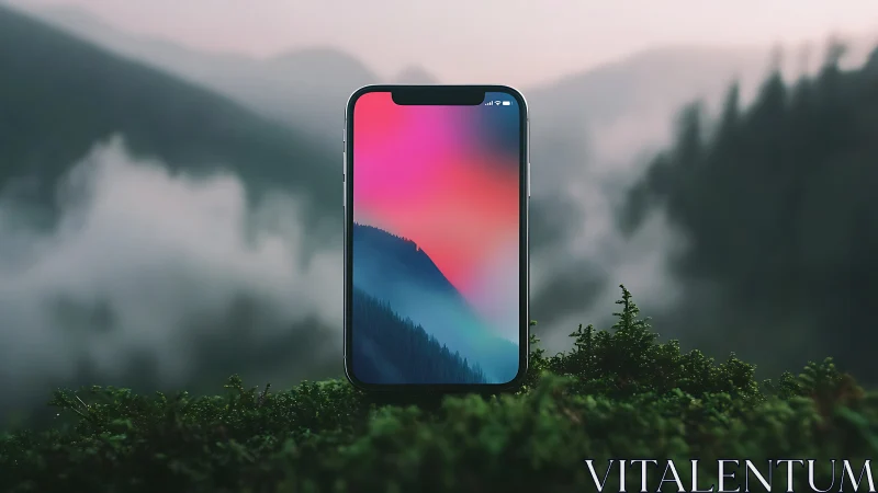 Smartphone display as luminous portal in misty alpine biome.