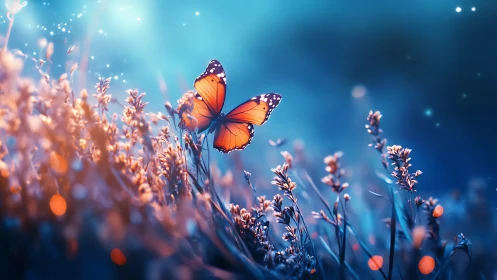 Twilight meadow crowns an ember-winged butterfly in flight