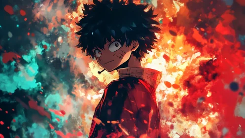 Explosive anime portrait unites bicolor flames and intense gaze