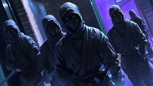 Hooded ninjas advancing through dark urban corridor.