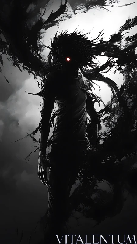 Shadowy humanoid figure with red eye in swirling darkness.