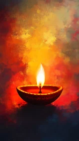 Single clay oil diya with vibrant textured bokeh flame glow
