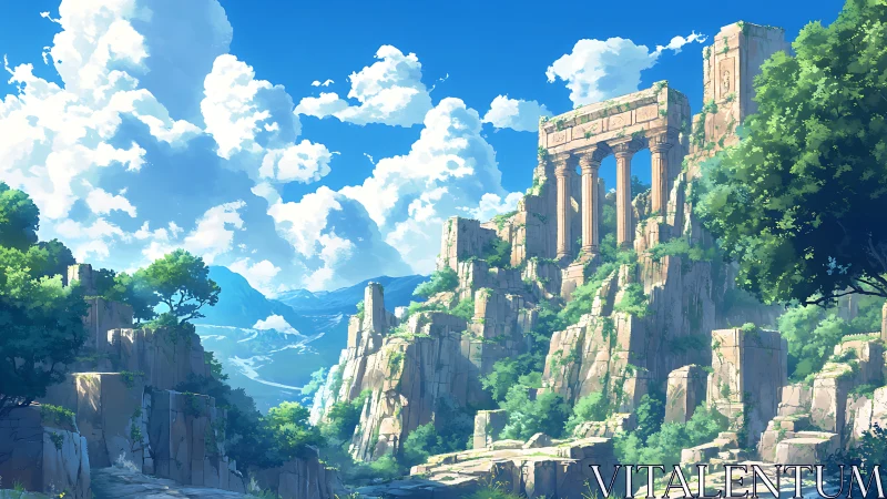 Sunlit cliffside temple ruins under expansive cumulus sky