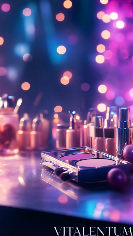 Photorealistic cosmetic layout under neon bokeh lighting.