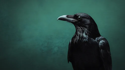 Majestic black raven portrait on teal background, digital art style.