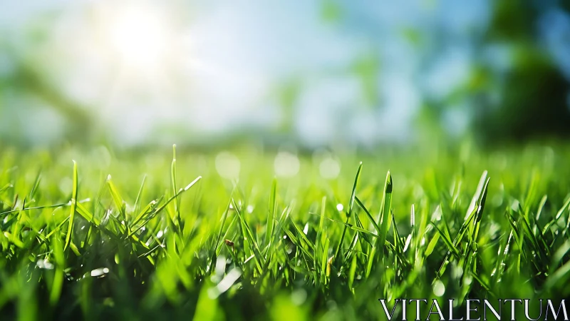 Sunlit green grass close-up with soft focus and vibrant colors.