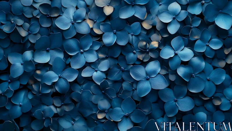 Deep blue hydrangea blossom wall with dense layered petals.