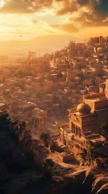 Sunlit terraced desert cityscape with domed sandstone complex