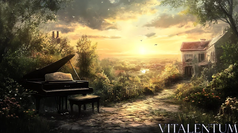 Grand piano rests beside sunlit garden path at sunset