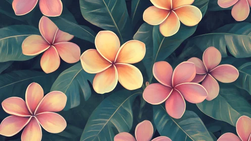 Plumeria Flowers with Foliage Against Dark Background
