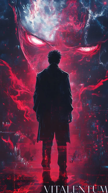 Backlit figure confronting colossal red spectral entity