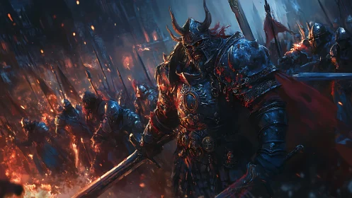 Armored commander advances through dense, firelit battlefield