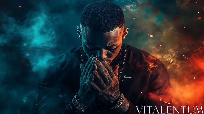 Contemplative man stands in dramatic blue and orange smoke