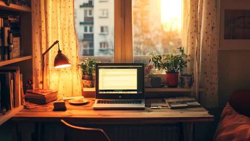 Golden hour home office glows around a focused laptop screen.