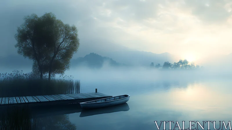 Rowboat at misty lakeside pier during soft sunrise light.
