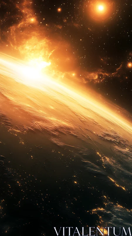 Illuminated planetary horizon under dense stellar field.