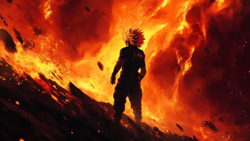 Heroic anime warrior standing bold before roaring firestorm.