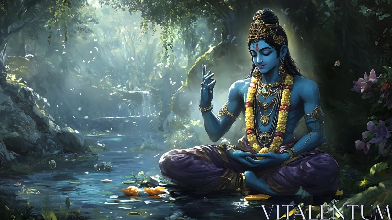 Blue-skinned deity in lotus pose beside forest stream.