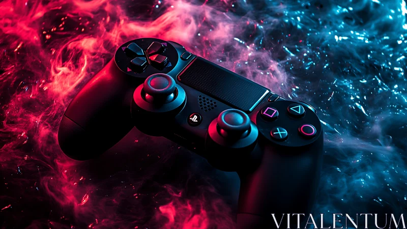 Gaming controller glows in neon smoke and cyberpunk light.