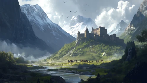 Fortified mountain castle overlooks caravan in glacial valley