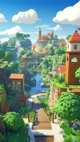 Fantasy Village Landscape with Medieval Architecture and Waterway