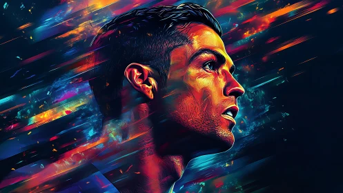 Profile portrait in saturated digital streaked colors.