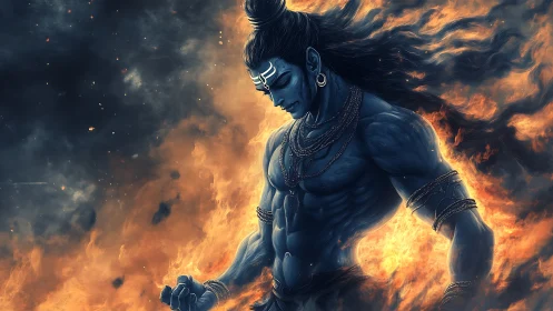 Fiery blue warrior stands calm amid swirling sacred flames