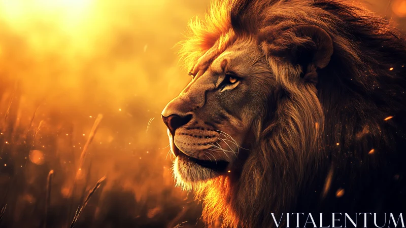 Side profile of lion in backlit golden lighting conditions