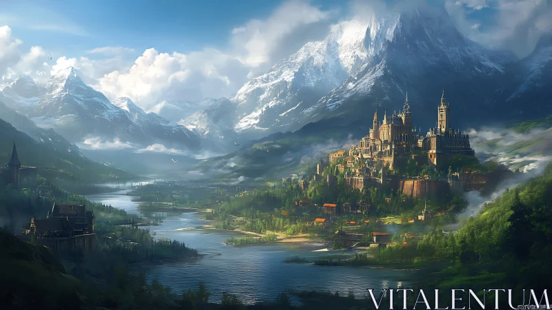 Majestic riverside kingdom nestles beneath looming snowy peaks.