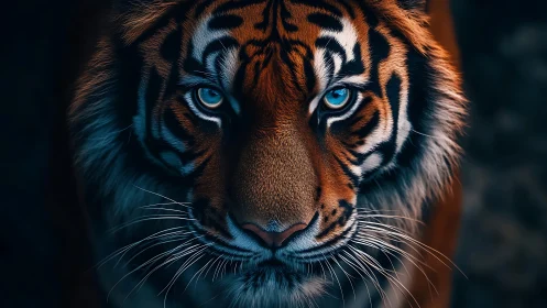 Intense blue-eyed tiger stares through shadow and cool light