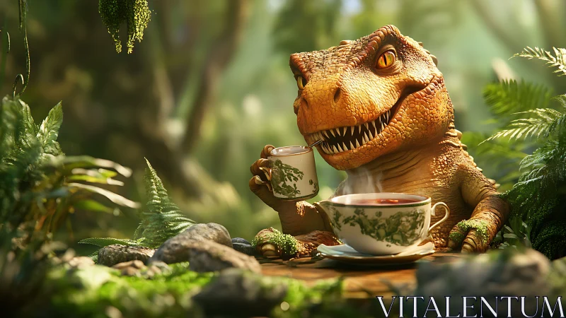 Teatime in the Jurassic: a cheerful dinosaur coffee break.