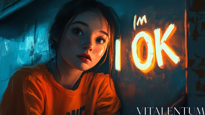 Young woman glows beside neon I&rsquo;m OK text in moody corridor