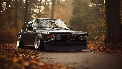Lowered classic BMW coupe parked on quiet autumn road.