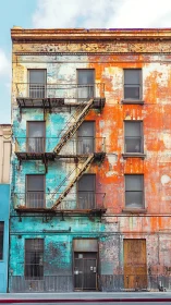 Weathered urban facade with teal and rust patina surfaces.