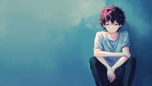 Melancholic anime boy seated against soft blue wall.