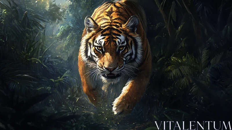 Tiger charges forward through dense, shadowed rainforest