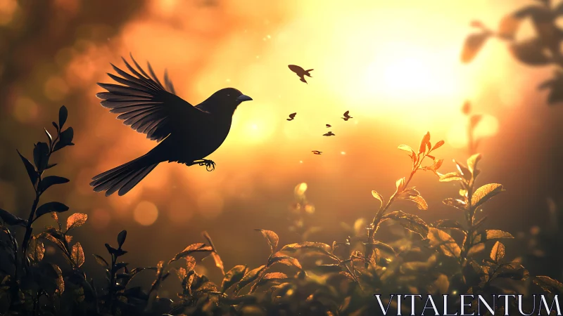 Silhouette of a Bird in Flight at Sunset with Glowing Foliage.