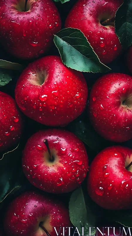 Fresh red apples with water droplets and green leaves.