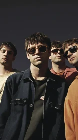 Four young men pose in low-angle portrait under clear sky