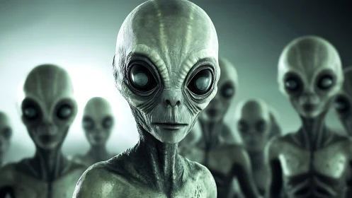 Staring alien collective emerges from a cold green void