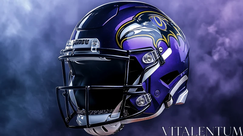 Midnight purple gridiron helm glowing in stormy mist.