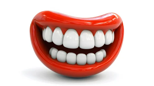 Cartoonish oversized red smiling lips with white teeth, 3D style.