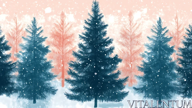 Digital winter forest with layered evergreen silhouettes.