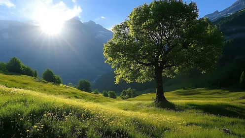 Lone green tree on bright sunlit alpine meadow landscape.