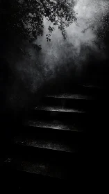 Misty forest steps inviting quiet walks into the unknown.