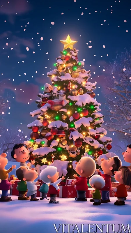 Snowy Christmas tree glowing above joyful cartoon children.