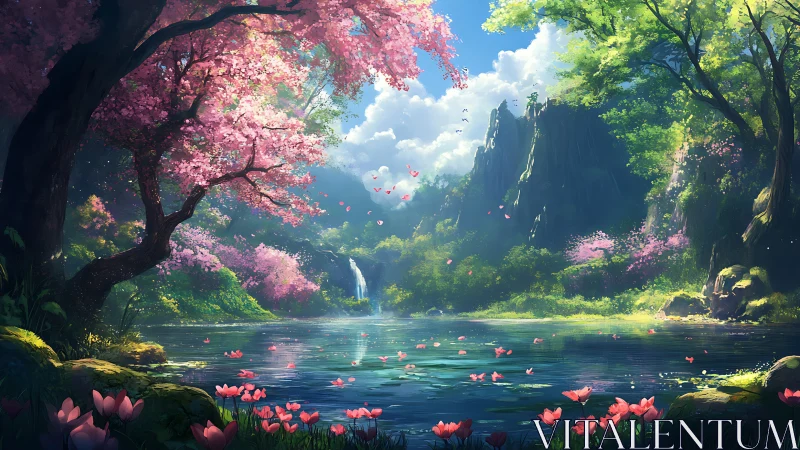 Cherry blossom valley lake under bright spring sunlight.