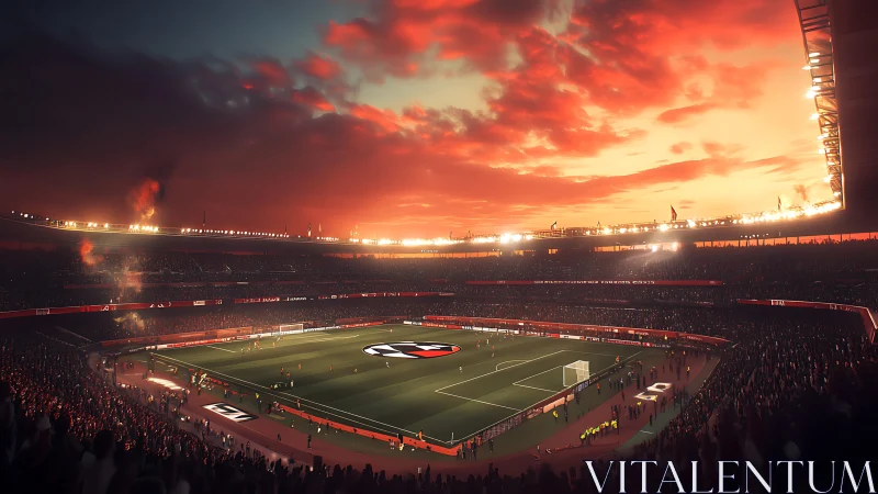 Floodlit football stadium hosts match under vivid sunset sky