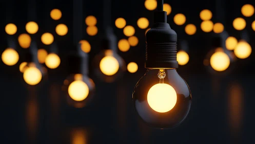 Suspended tungsten bulbs glow against deep bokeh background